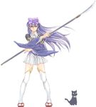  3.1-tan bow cat dos dos_cat full_body hair_bow long_hair long_sleeves looking_at_viewer naginata os-tan pleated_skirt polearm red_eyes sandals satou_atsuki serious simple_background skirt solo standing sword thighhighs weapon white_background white_legwear white_skirt wide_sleeves 