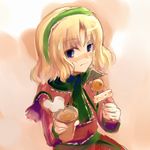  alice_margatroid alternate_color food green_hairband hairband long_sleeves nokishita oden player_2 solo sweatdrop touhou 