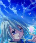  artist_request blue_background blue_eyes bug butterfly cloud genius_sage insect lowres male_focus silver_hair sky solo tales_of_(series) tales_of_symphonia 