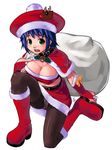  blue_hair blush boots breasts bridal_gauntlets capelet christmas cleavage collar copyright_request crotch_seam green_eyes hat large_breasts mizuki_gyokuran panties panties_under_pantyhose pantyhose pantyshot red_capelet sack santa_boots santa_costume short_hair simple_background solo underwear white_background 