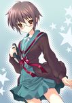  blue_skirt cardigan glasses kita_high_school_uniform kyougoku_shin long_sleeves nagato_yuki school_uniform serafuku short_hair skirt solo suzumiya_haruhi_no_yuuutsu 