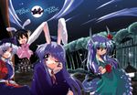  animal_ears bunny_ears everyone ex-keine fujiwara_no_mokou horn_ribbon horns houraisan_kaguya inaba_tewi kamishirasawa_keine long_sleeves moon multiple_girls reisen_udongein_inaba ribbon takana_shinno touhou yagokoro_eirin 