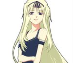  bangs blonde_hair collarbone eyebrows eyebrows_visible_through_hair flat_chest hairband iqu kusugawa_sasara long_hair looking_at_viewer parted_lips purple_eyes ribbon simple_background sleeveless solo to_heart_2 upper_body white_background 