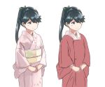  1girl alternate_costume anchor_symbol black_hair blush commentary_request dragonfly_print eyebrows_visible_through_hair floral_print hands_on_own_stomach houshou_(kantai_collection) japanese_clothes kantai_collection kappougi kimono leaf_print maple_leaf_print matsutani pink_kimono ponytail sash simple_background smile standing white_background wide_sleeves 