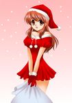  :d asahina_mikuru brown_eyes brown_hair christmas dress fur_trim gloves hat long_hair looking_at_viewer off-shoulder_dress off_shoulder open_mouth pom_pom_(clothes) puffy_short_sleeves puffy_sleeves red_dress red_gloves red_hair sack santa_costume santa_hat short_sleeves sidelocks sinko smile snowing solo suzumiya_haruhi_no_yuuutsu 