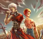  amputee archer artist_request dark_skin dark_skinned_male emiya_shirou fate/stay_night fate_(series) field_of_blades male_focus manly multiple_boys planted_sword planted_weapon scar shirtless stitches sword unlimited_blade_works weapon 