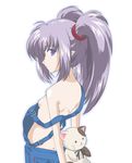  bare_shoulders blue_eyes breasts butt_crack hide_(rightstuff_annex) naked_overalls no_bra no_panties overalls primula shuffle! sideboob silver_hair small_breasts solo stuffed_animal stuffed_cat stuffed_toy twintails 