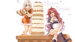  blue_eyes boots cake christmas crossed_legs food long_hair multiple_girls open_mouth original pastry red_hair sitting white_hair yamamoto_yamato yellow_eyes 