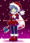  axe black_legwear blood blue_eyes blue_hair blush_stickers boots christmas long_sleeves merry_christmas original pantyhose sack santa_costume short_hair smile solo touto_seiro weapon 