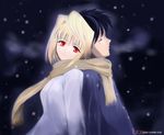  1girl arcueid_brunestud back-to-back black_hair blonde_hair closed_eyes couple glasses hetero long_sleeves red_eyes scarf shared_scarf shirotsumekusa short_hair snowing sweater toono_shiki tsukihime 