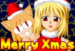  animal_ears arcueid_brunestud artist_request bad_anatomy bare_shoulders blonde_hair bobblehat cat_ears christmas crazy_eyes dress fur_collar fur_trim hat looking_at_viewer multiple_girls nekoarc on_shoulder red_dress red_eyes santa_costume santa_hat size_difference tsukihime upper_body 