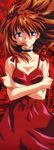  artist_request bare_arms bare_shoulders blue_eyes breasts choker crossed_arms dress medium_breasts neon_genesis_evangelion red_dress red_hair sleeveless solo souryuu_asuka_langley upper_body 