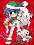  1girl blue_hair christmas full_body green_eyes green_panties green_santa_costume grin hat matsubara_kaoru mayor_mayer minawa monocle panties pantyshot powered_buttercup powerpuff_girls powerpuff_girls_z santa_costume santa_hat smile standing_on_person underwear 