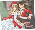  artist_request artoria_pendragon_(all) blonde_hair christmas fate/stay_night fate_(series) long_sleeves multiple_girls saber santa_costume thighhighs toosaka_rin 