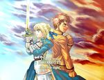  1girl aqua_eyes armor artist_request artoria_pendragon_(all) blonde_hair couple emiya_shirou fate/stay_night fate_(series) hetero long_sleeves saber sword weapon 