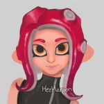  1girl agent_8 artist_name bare_shoulders closed_mouth face female flat_chest gradient_hair grey_background happy highres jpeg_artifacts lips looking_at_viewer mezmaroon multicolored_hair octoling orange_eyes pointy_ears purple_hair red_hair shiny shiny_hair signature simple_background smile solo splatoon splatoon_(series) splatoon_2 tentacle tentacle_hair upper_body 