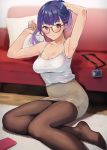  1girl adjusting_hair armpits arms_up black_legwear breasts camisole cleavage commentary_request couch doushimasho glasses highres lanyard looking_at_viewer mole mole_on_armpits no_shoes office_lady original pantyhose pencil_skirt purple_eyes purple_hair red-framed_eyewear sitting skirt solo yokozuwari 
