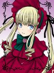  blonde_hair blue_eyes bonnet bow dress flower gradient gradient_background green_bow ha-ru long_hair long_sleeves looking_at_viewer pink_flower pink_rose purple_background red_dress rose rozen_maiden shawl shinku sidelocks solo twintails upper_body white_background 