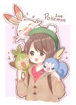  1girl 2019 :d bangs blush brown_eyes brown_hair brown_jacket collared_shirt commentary_request copyright_name creatures_(company) cropped_torso eyebrows_visible_through_hair eyes_closed facing_viewer female_protagonist_(pokemon_swsh) game_freak gen_8_pokemon green_hat grookey hat heart highres jacket light_(luxiao_deng) long_sleeves looking_at_viewer nintendo open_mouth outline pink_background pokemon pokemon_(creature) pokemon_(game) pokemon_swsh red_shirt scorbunny shirt smile sobble tam_o&#039;_shanter two-tone_background upper_body white_background 