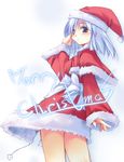  blue_eyes blue_hair blush christmas copyright_request hat jirou_(chekoro) long_sleeves merry_christmas santa_costume solo 