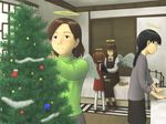  black_hair braid brown_eyes brown_hair christmas christmas_ornaments christmas_tree glasses haibane_renmei halo indoors kuramori_(haibane) long_hair long_sleeves multiple_girls nemu pantyhose reki short_hair single_braid sleeves_rolled_up twintails white_legwear wings yasunon 