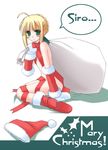  ahoge artoria_pendragon_(all) blonde_hair christmas engrish fate/stay_night fate_(series) green_eyes hat hat_removed headwear_removed kaze_shibuki merry_christmas naked_ribbon ranguage ribbon saber sack santa_costume santa_hat short_hair solo 