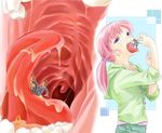  1girl artist_request copyright_request eating giantess inside_creature miniboy pink_hair ponytail size_difference tongue uvula vore 