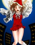  arms_up blush brown_hair christmas city duplicate fangs full_moon hat knees_together_feet_apart kuroi long_sleeves looking_at_viewer miniskirt moon neck_ribbon night open_mouth panties pantyshot pleated_skirt red_eyes ribbon sack santa_costume santa_hat skirt solo tsukihime twintails underwear vampire vest yumizuka_satsuki 