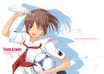  ball bottle brown_eyes brown_hair kibina_high_school_uniform kimi_kiss looking_at_viewer lowres necktie one_eye_closed ponytail sakino_asuka school_uniform serafuku shiino_yui shirt short_sleeves smile soccer_ball solo water 