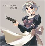  grey_hair gun handgun holding holding_gun holding_weapon long_sleeves maid original pistol solo translated weapon yurikuta_tsukumi 