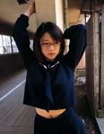  glasses highres midriff photo school_uniform solo tokito_ami 