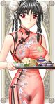  bamboo_steamer baozi braid breasts bun_cover china_dress chinese_clothes copyright_request dim_sum double_bun dress food hair_bobbles hair_ornament large_breasts nipples pubic_hair pussy red_eyes see-through solo teapot waitress yumenosuke 