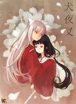  1girl animal_ears bf._(sogogiching) black_hair brown_eyes chin_rest couple cuddling hetero inuyasha inuyasha_(character) japanese_clothes kikyou_(inuyasha) long_hair long_sleeves translated white_hair yellow_eyes 