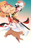  copyright_request dog feet gradient gradient_background gradient_hair gun japanese_clothes kasukabe_akira kimono legs long_sleeves multicolored_hair no_shoes obi red_eyes sash shiba_inu socks solo tabi weapon 