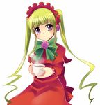  blonde_hair bonnet bow cup dress drill_hair flower holding long_hair pink_flower pink_rose red_dress rose rozen_maiden shinku solo subaru_(yachika) tea twin_drills twintails 