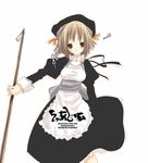  apron blush bow breasts brown_eyes brown_hair frills hat konatsu_karasu long_sleeves maid medium_breasts original ribbon short_hair simple_background solo stick white_background 