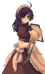  ahoge apron blush breasts gloves green_eyes kafra large_breasts long_hair maid purple_hair quill ragnarok_online simple_background smile solo xration 