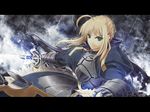  ahoge armor artoria_pendragon_(all) blonde_hair fate/stay_night fate_(series) green_eyes long_sleeves saber satomi solo sword weapon 