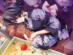  black_hair carnelian dutch_angle ena_(quilt) feet fish floral_print game_cg goldfish goldfish_scooping japanese_clothes kimono long_sleeves purple_eyes quilt_(game) sandals solo toes water_yoyo 