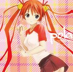  bell hair_bell hair_ornament kagurazaka_asuna kobayashi_yuuji lowres mahou_sensei_negima! plaid plaid_background raglan_sleeves solo twintails 