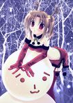  antlers bad_anatomy brown_eyes brown_hair christmas elbow_gloves gloves kujira_(knave) miniskirt red_gloves skirt snowman solo thighhighs tsukihime yumizuka_satsuki 