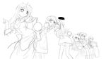  :d blush character_request cowboy_shot dress from_behind ga_rune_pose greyscale leaning_forward lineart long_sleeves looking_at_viewer monochrome multiple_girls open_mouth shirt simple_background smile standing white_background yoake_mae_yori_ruri_iro_na 