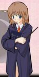  alternate_eye_color artist_request blue_eyes blush book brown_hair cloak harry_potter hermione_granger holding holding_wand long_hair long_sleeves necktie panties solo underwear wand white_panties 