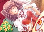  :d airi_(quilt) carnelian closed_eyes eating fork game_cg holding holding_fork knife open_mouth quilt_(game) ribbon smile solo two_side_up watch wristwatch 