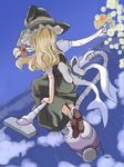  back blonde_hair cloud floating_hair flying from_behind hat kirisame_marisa lowres magic nanami_sano sidesaddle sky solo touhou vacuum_cleaner witch_hat 