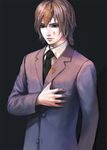  black_background black_eyes brown_hair copyright_request expressionless formal hand_on_own_chest kishida_mel long_sleeves male_focus necktie solo suit 