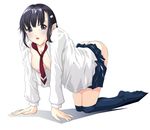  :o all_fours black_hair blush dress_shirt grey_eyes kawamura_tsukasa kneeling long_sleeves looking_at_viewer necktie no_bra no_panties open_clothes open_shirt original over-kneehighs school_uniform shirt skirt skirt_lift socks solo thighhighs 