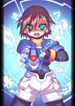  aile armor artist_request brown_hair green_eyes henshin model_x rockman rockman_zx shorts solo weapon 