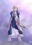  armor artoria_pendragon_(all) blonde_hair fate/stay_night fate_(series) green_eyes long_sleeves saber solo standing sword tsuina weapon 