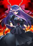  aburidashi_zakuro blue_eyes bow breasts cleavage demon_girl demon_tail dress fire hair_bow horns large_breasts long_hair long_sleeves ma_ga_ochiru_yoru pointy_ears purple_hair sheliss_elleness_zurbach smile solo succubus tail whip 